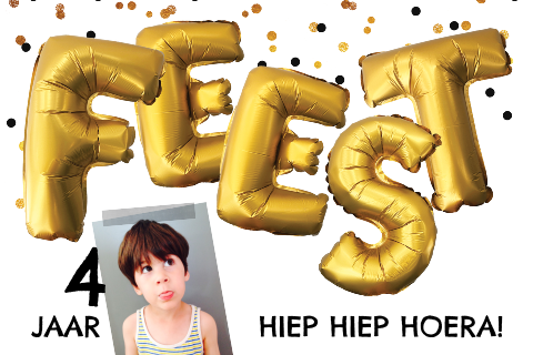 Hippe kinderfeestje uitnodiging met folie ballonnen