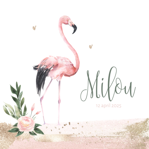 Mooi geboortekaartje met flamingo, waterverf en goud glitter look