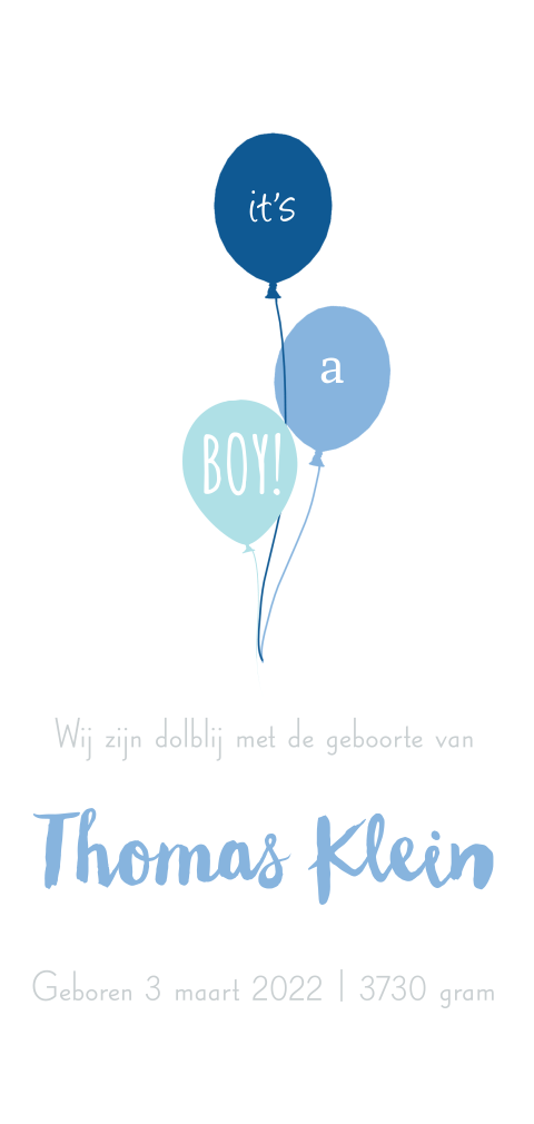Modern langwerpig rustig jongens geboortekaartje met ballon
