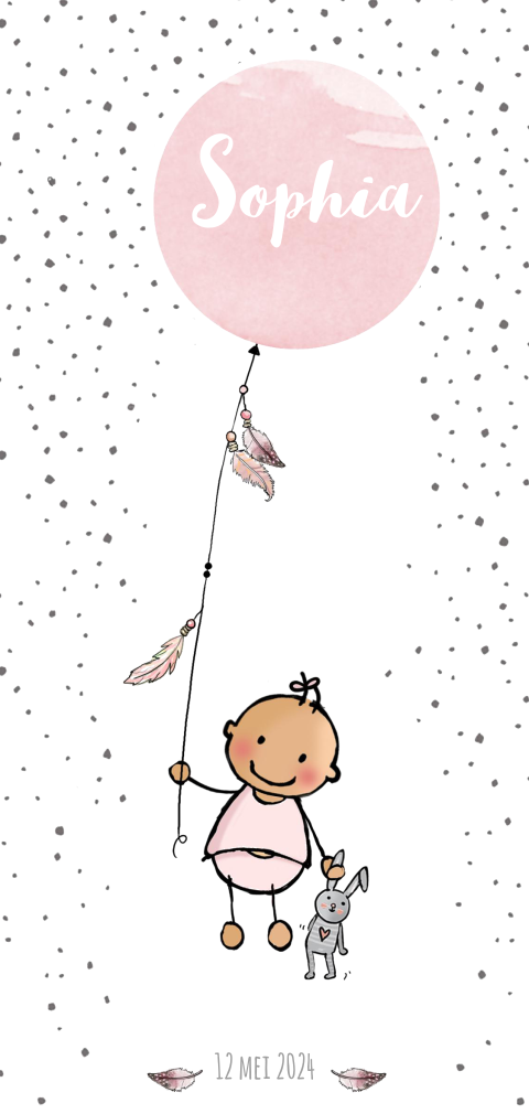 Moderne staande geboortekaart meisje met ballon en veertjes