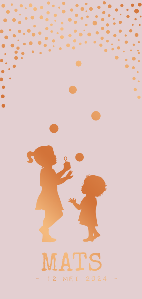 Moderne staande geboortekaart meisje met bellenblaas zusje koperfolie