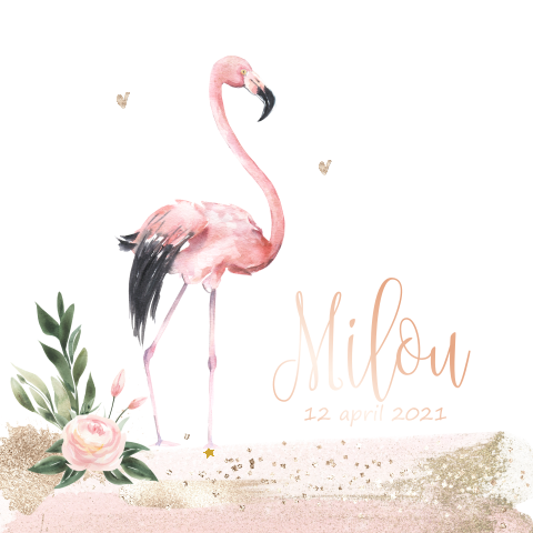 Mooi geboortekaartje met flamingo, waterverf en rosegoud foliedruk