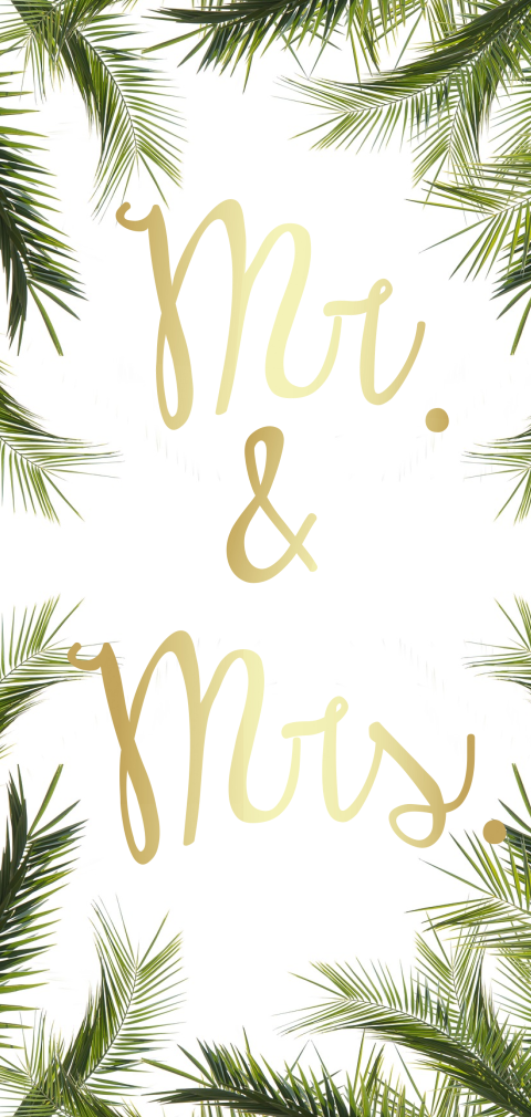 Hippe mr en mrs trouwkaart langwerpig met palmbladeren