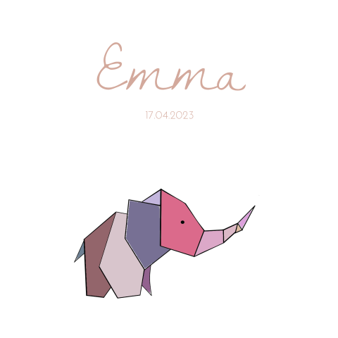 Origami geboortekaartje meisje met gekleurde olifant