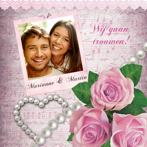 Huwelijkskaart met roze rozen en hart van witte parels