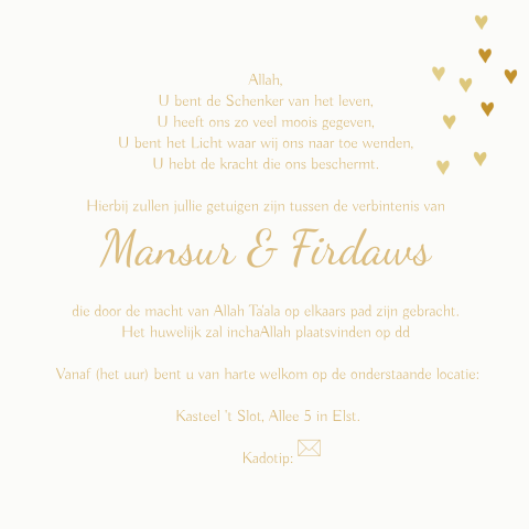 Originele arabische trouwkaart met gouden hartjes