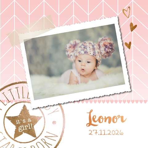 Prachtig geboortekaartje voor meisje met koperfolie en foto