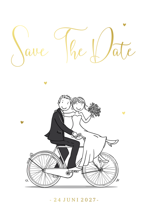 Save the date goudfolie met bruidspaar op fiets