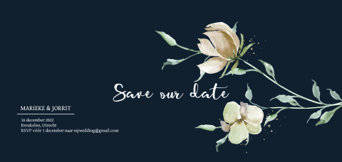 Save the date kaart donkerblauw met witte bloemen