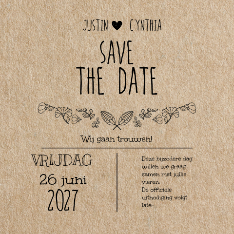 Save the date kaart kraft hip en moderne details