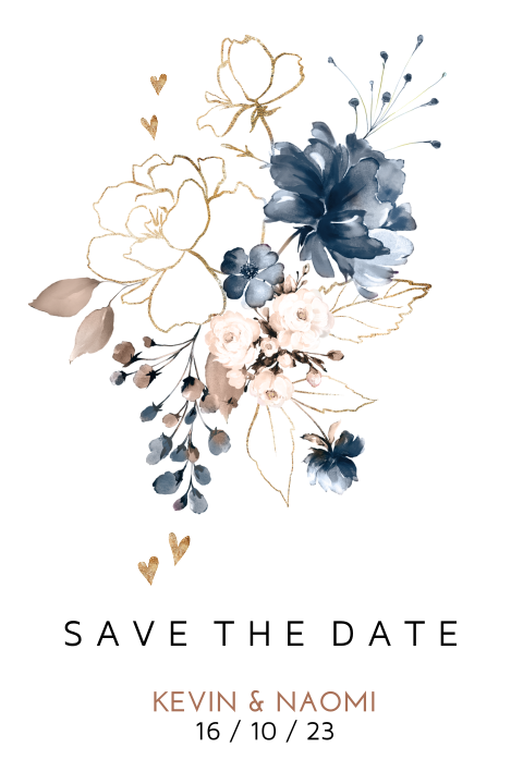 Save the date kaart met bloemen blauw pastel en goud