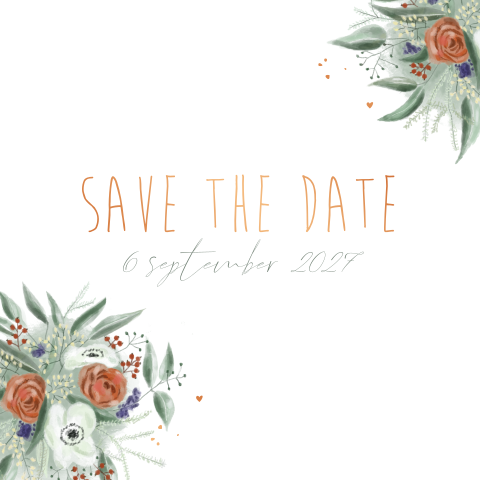 Save the date kaart met bloemen in rood en paars