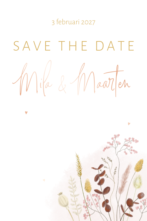 Save the date kaart met bloemen in roze en geel