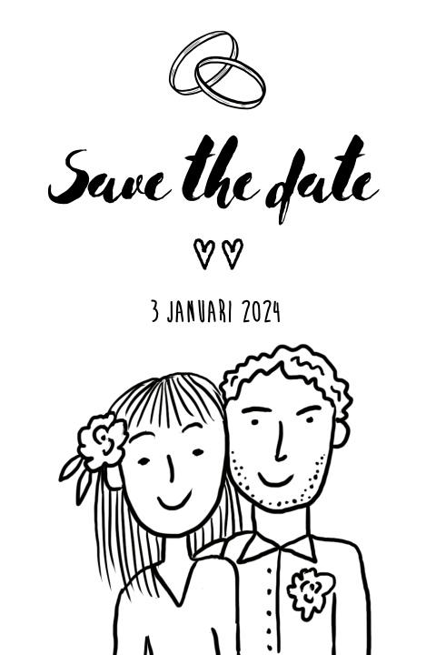 Save the date kaart met bruidspaar in zwart wit