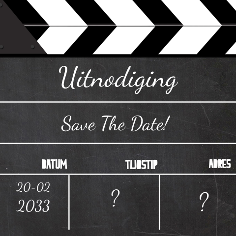 Save the date kaart met film klapper zwart wit scenebord
