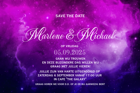 Save the date met donker paarse violet galaxy