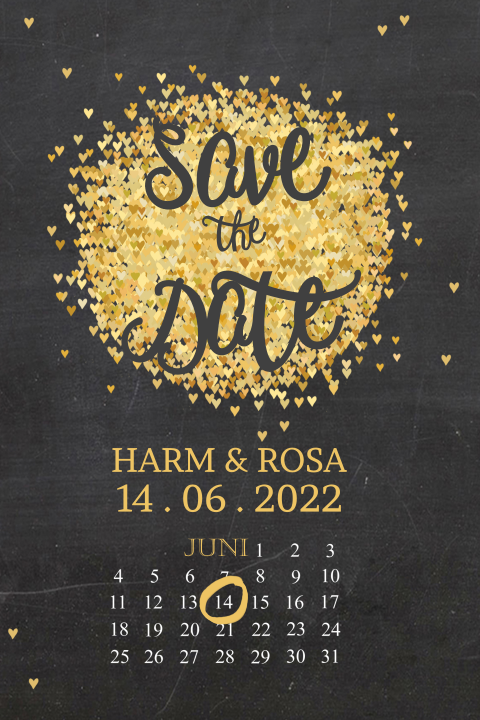 Save the date kaart met gouden hartjes en krijtbord