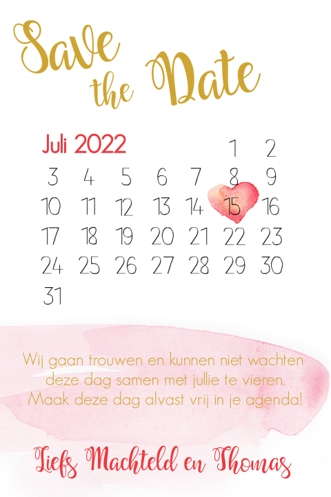 Save the Date kaart waterverf roze  met kalender