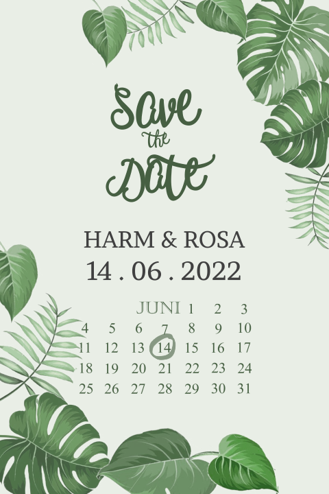 Save the date kaart met groene bladeren