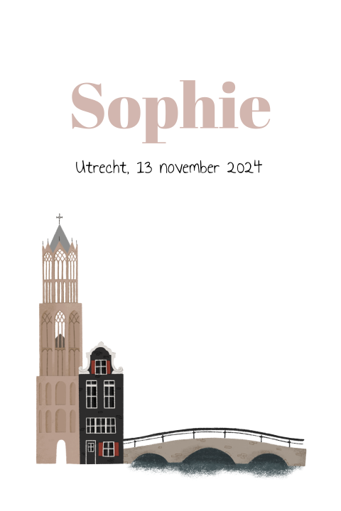 Sfeervol geboortekaartje voor een meisje met gebouwen uit Utrecht