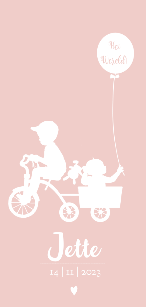 Silhouetten geboorte kaartje driewieler zus met baby