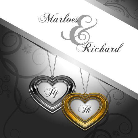 Stijlvolle huwelijkskaart met zilver en goud hartje en wit lint