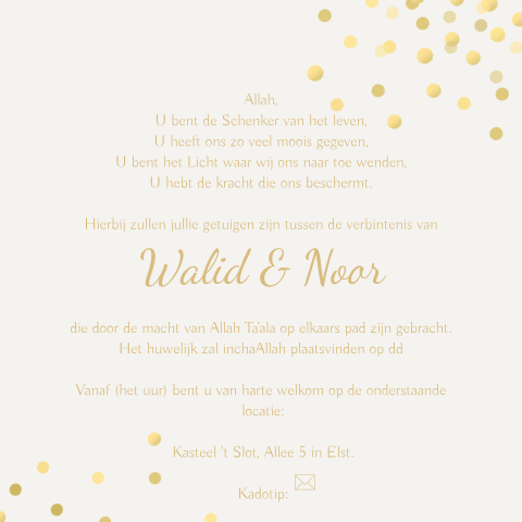 Stijlvolle trendy arabische trouwkaart met gouden confetti
