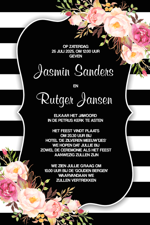 Stijlvolle trouwkaart met strepen en roze bloemen bohemian style