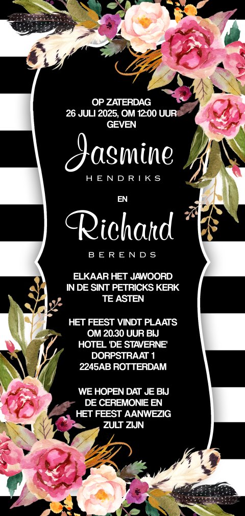 Stijlvolle trouwkaart met zwart wit streep patroon en bloemen