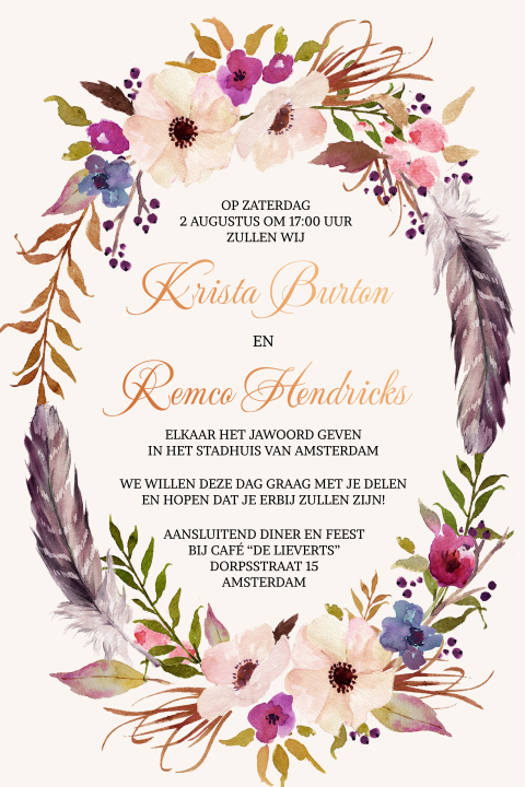 Stijlvolle trouwkaart bohemian koper folie met bloemen en veren