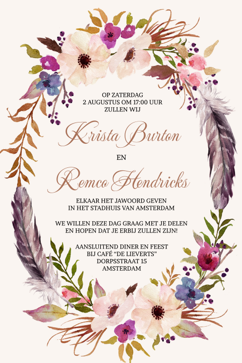 Stylvolle bohemian trouwkaart met bloemenkrans en veren