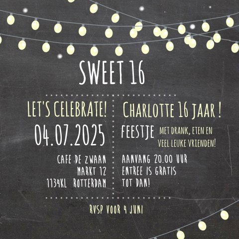 Sweet 16 uitnodiging verjaardagfeest krijtbord 