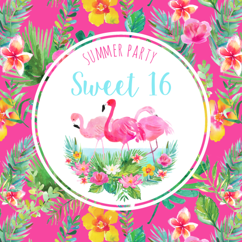 Tropische uitnodiging sweet 16 met flamingo