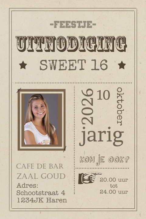 Uitnodigingskaart voor een sweet 16 feestje stoer lettertype