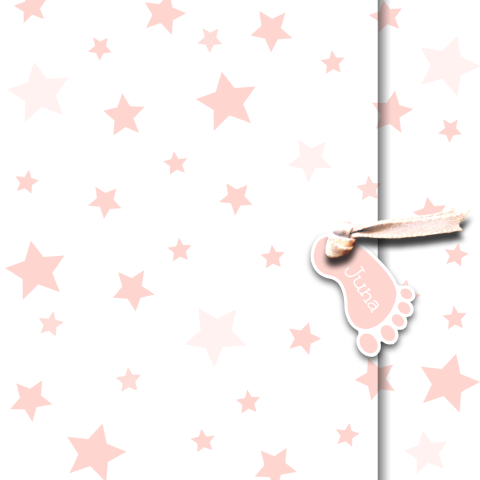 Traditioneel geboortekaartje baby voetje aan lintje en roze sterren