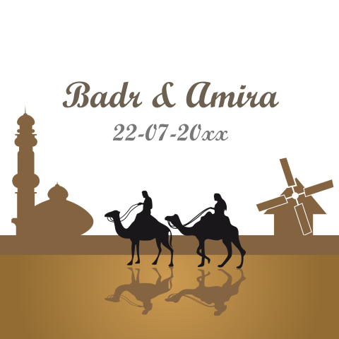 Originele trouwkaart met kameel paleis en moskee molen reizen