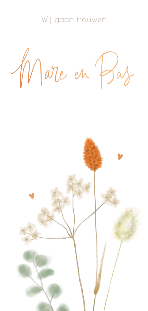 Trouwkaart droogbloemen naturel en oranje