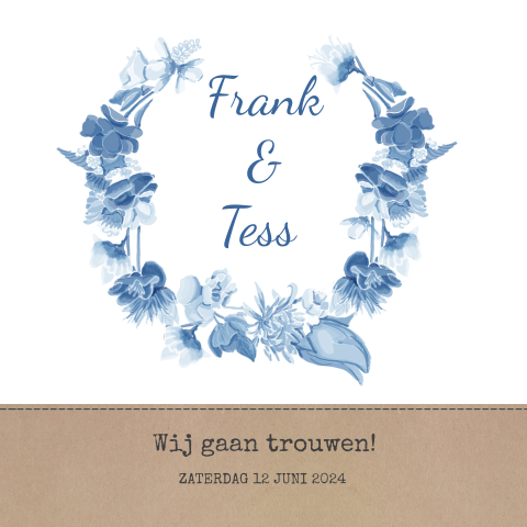 Bijzonder mooie trouwkaart met blauwe bloemen
