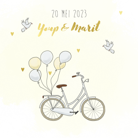 Trouwkaart met fiets, ballonnen, duifjes, hartjes goudfolie