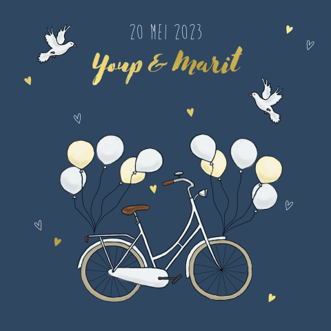 Trouwkaart fiets met ballonnen en duifjes
