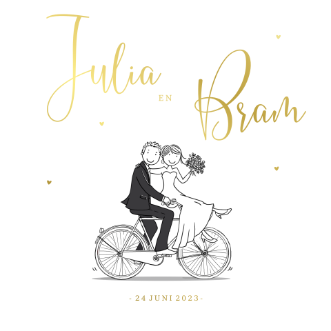Trouwkaart goudfolie met bruidspaar op fiets