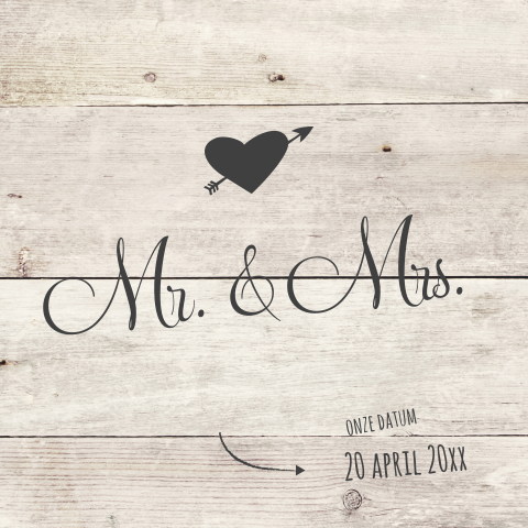 Hippe trouwkaart Mr en Mrs met hout en linnen
