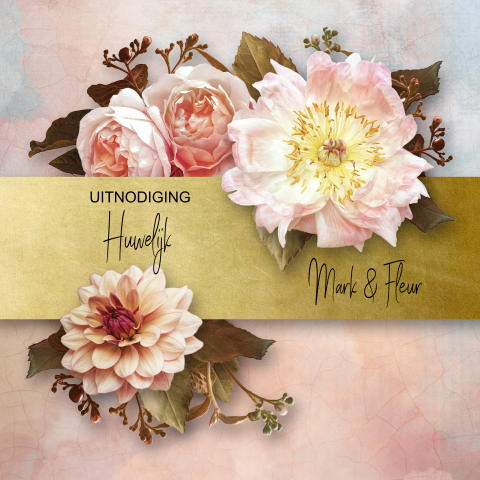Trouwkaart met bloemen roze en goudlook accenten