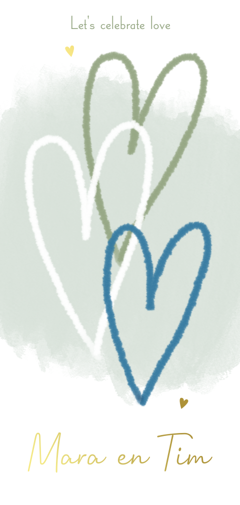 Trouwkaart met harten in groen, blauw en goud