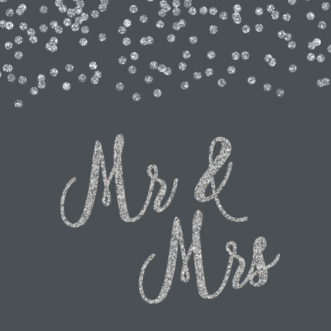 Trouwkaart Mr and Mrs met zilveren glitters en confetti