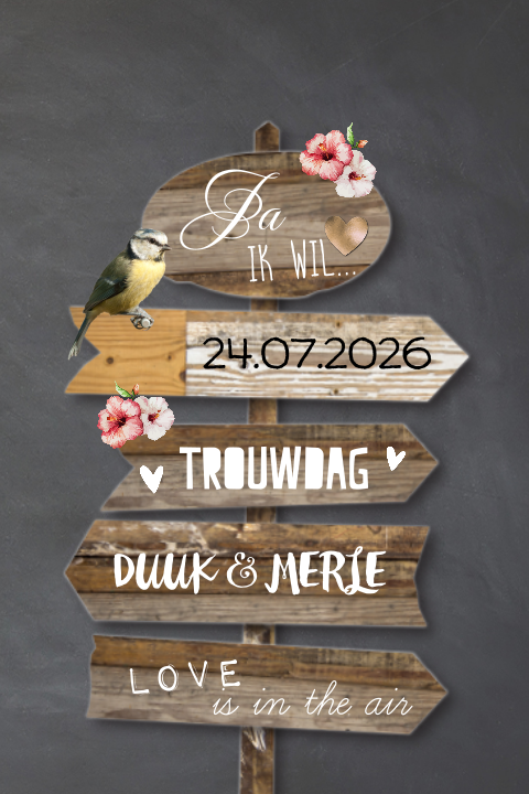 Romantische trouwkaart met wegwijsborden van hout