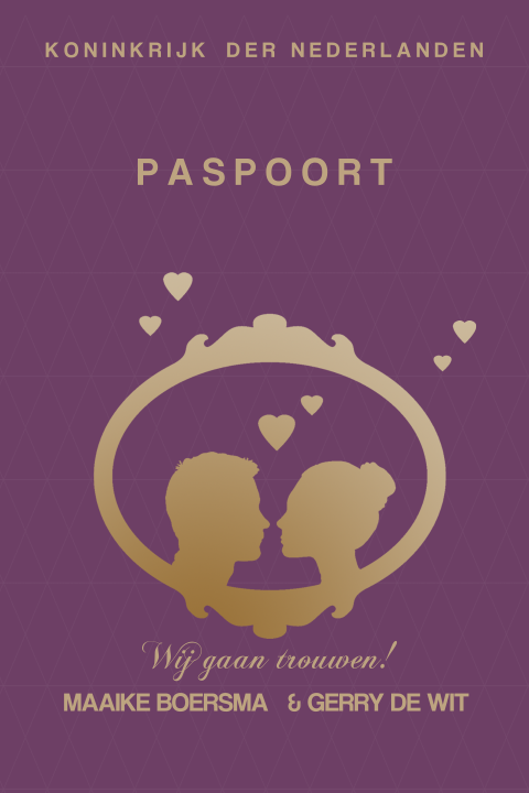 Dubbele staande trouwkaart als paspoort idee paars