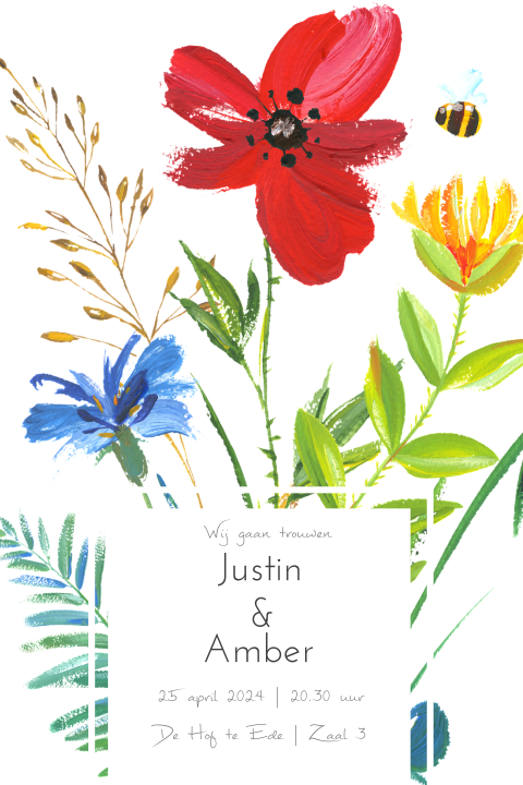 Trouwkaart staand met aquarel bloemen