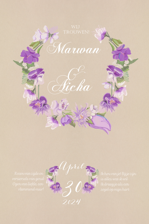 Handgetekende trouwkaart islamitisch paars met waterverf 