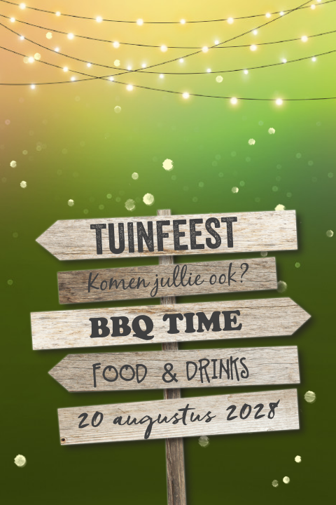 Tuinfeest bbq uitnodiging met houten borden en lampjes